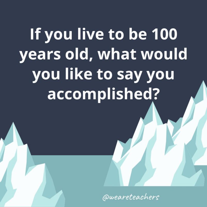 Fun Icebreaker Questions an illustrated image of two glaciers with the following fun icebreaker question for kids: If you live to be 100 years old, what would you like to say you accomplished?