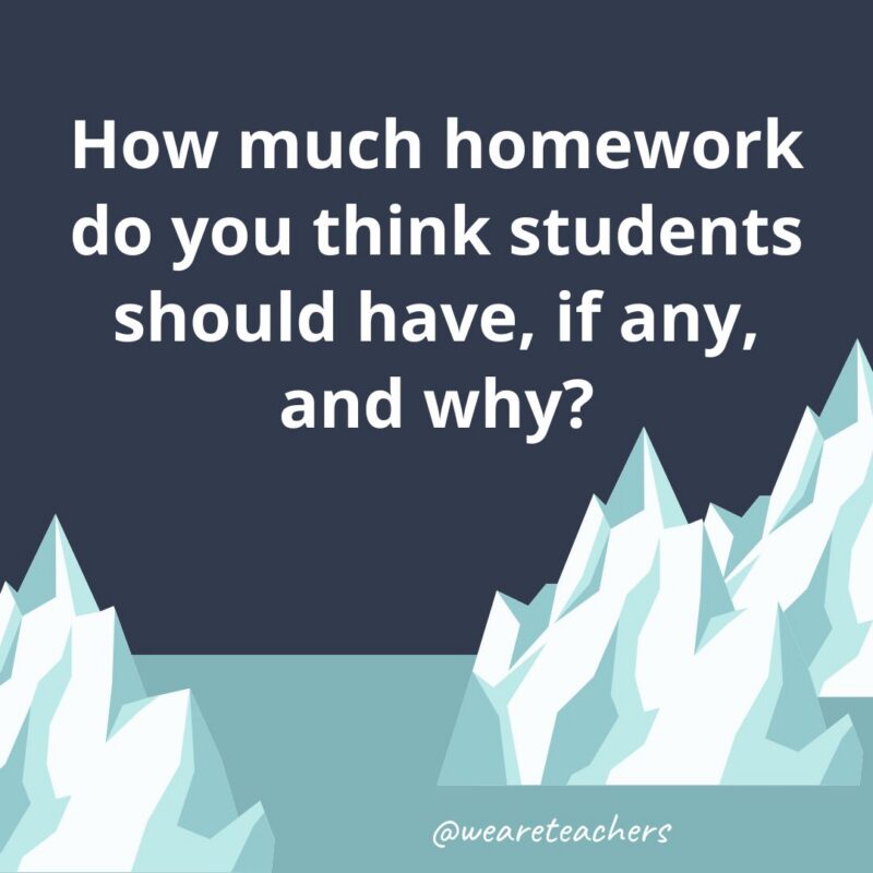 Fun Icebreaker Questions an illustrated image of two glaciers with the following fun icebreaker question for kids: How much homework do you think students should have, if any, and why?