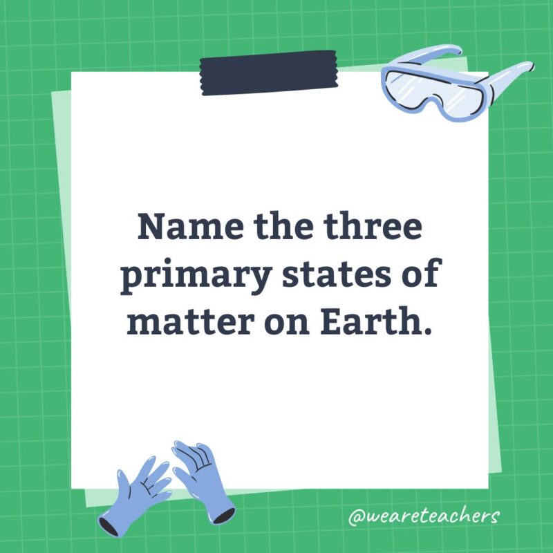 an image of a science trivia question for kids that states: Name the three primary states of matter on Earth.