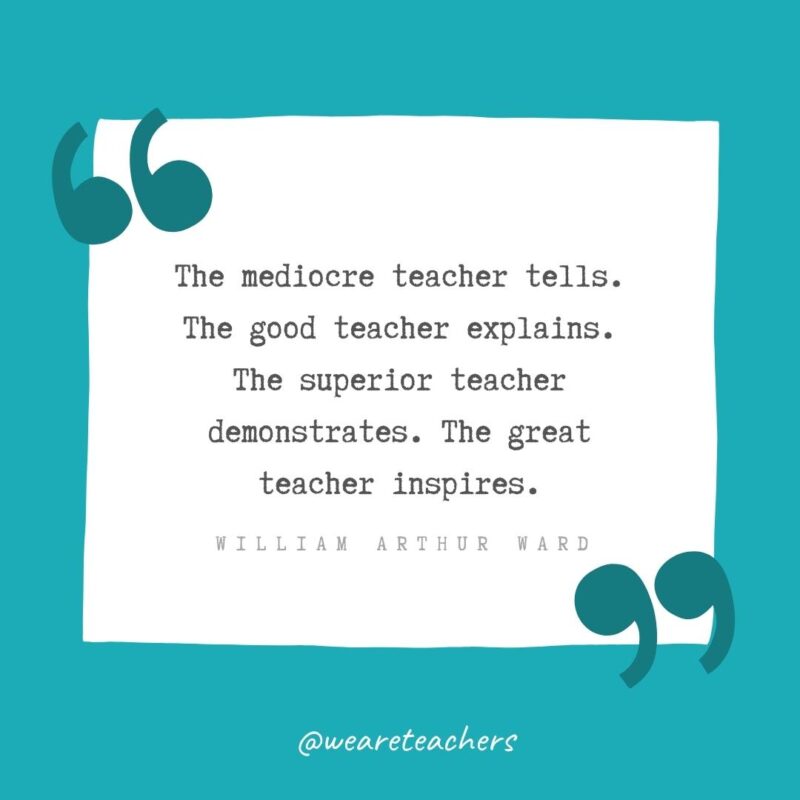 The mediocre teacher tells. The good teacher explains. The superior teacher demonstrates. The great teacher inspires. —William Arthur Ward- Teacher Appreciation Quotes