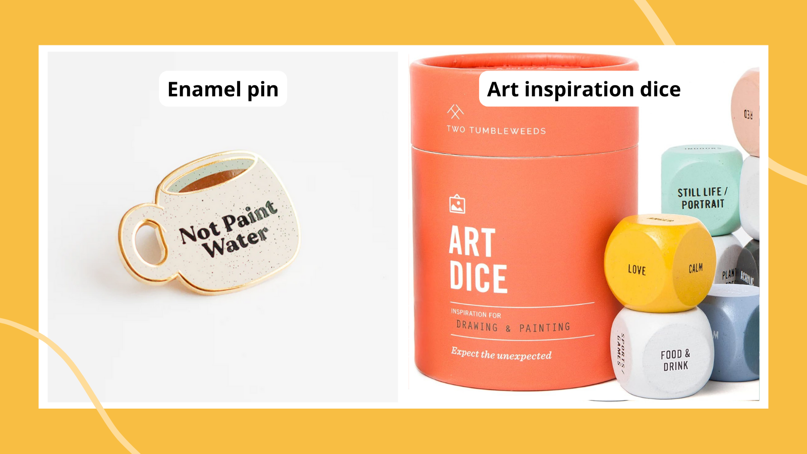 Examples of gifts for art teachers including an pin and music dice.