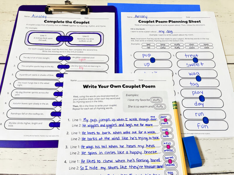 an image of three couplet poem template worksheets