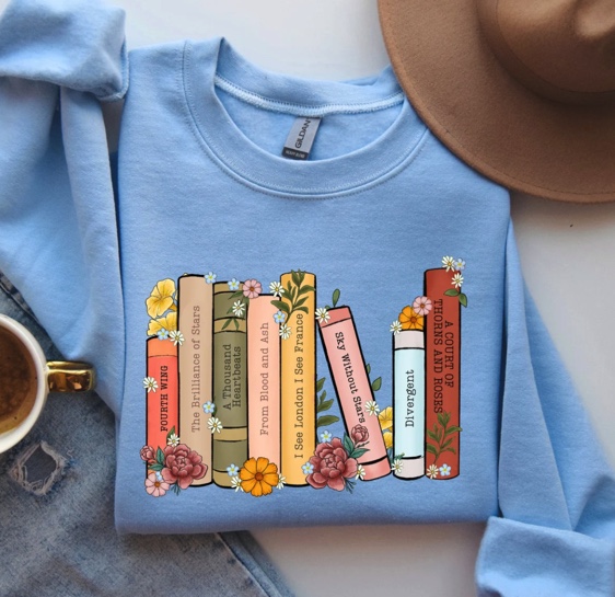 sweatshirt with book spines and titles 