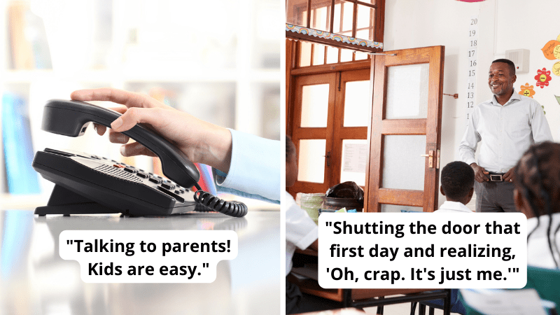 Paired image of teacher calling home and teacher's first day to show biggest fears as new teacher