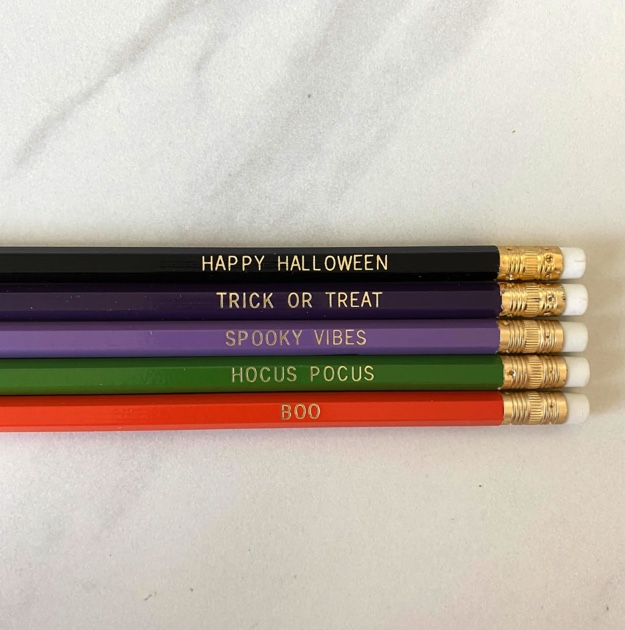 seasonal personalized halloween pancils that say phrases like trick or treat- Halloween gifts for teachers