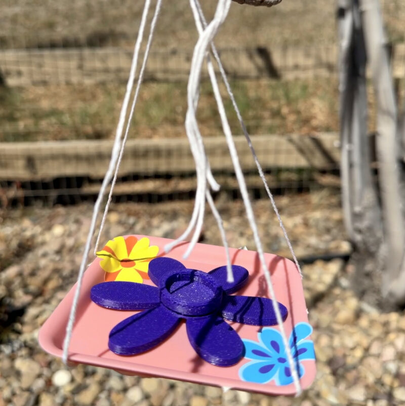 3D printed flower shaped butterfly feeder on a pink plate, suspended from a tree branch