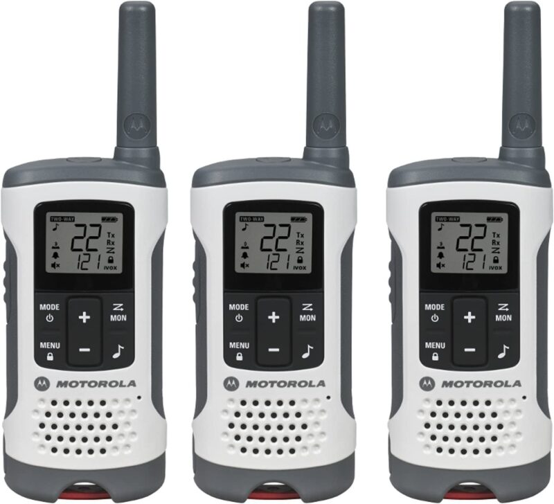 Three white radios are shown with small screens and speakers on the front.