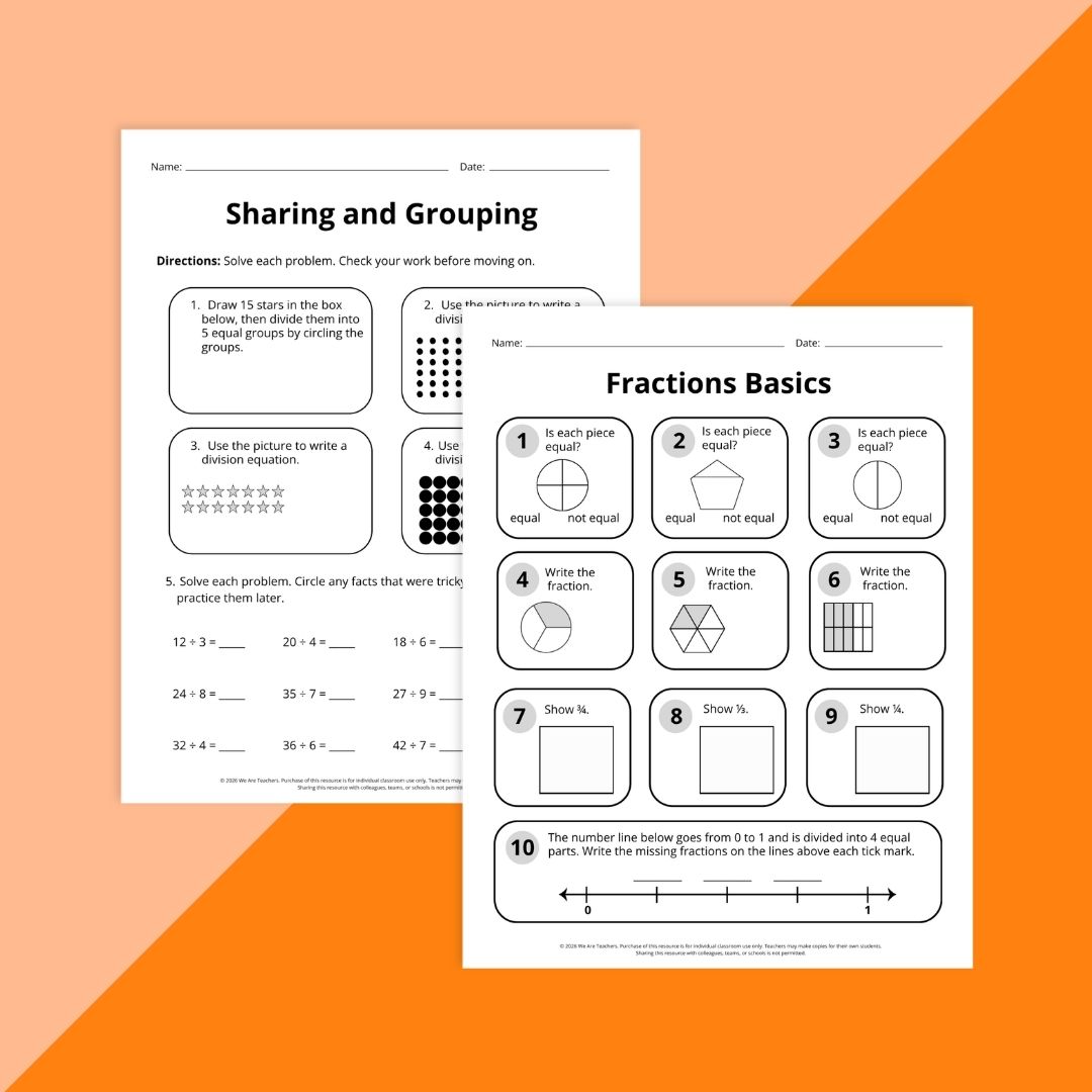 Images of two worksheets testing third grade skills like fraction basics and regrouping.