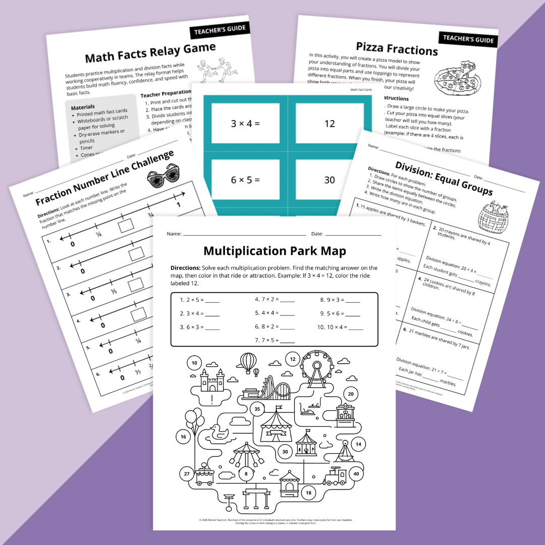 Images of the worksheets and activities from the 3rd Grade End-of-Year Math Review Worksheet & Activity Bundle.