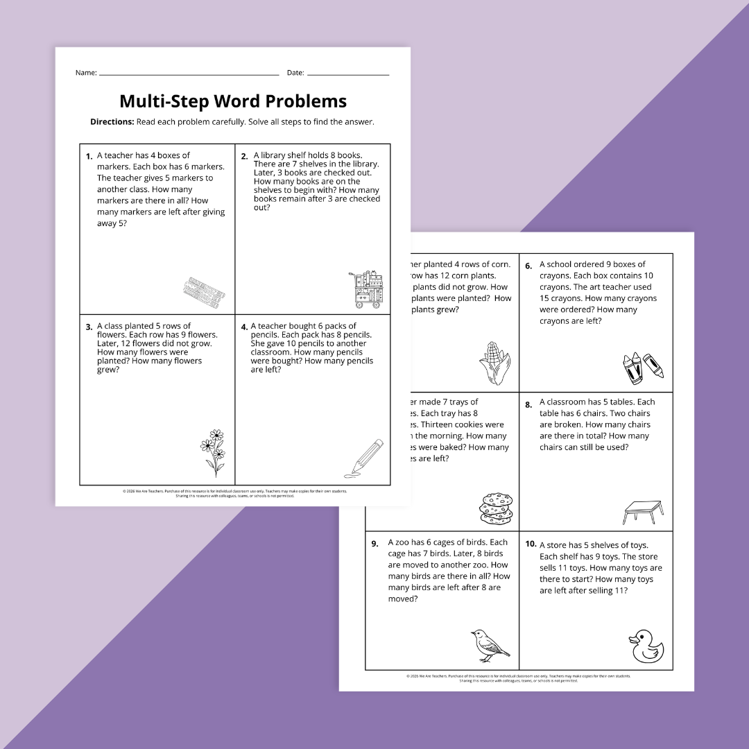 Images of two worksheets from the 3rd Grade End-of-Year Math Review Worksheet & Activity Bundle.