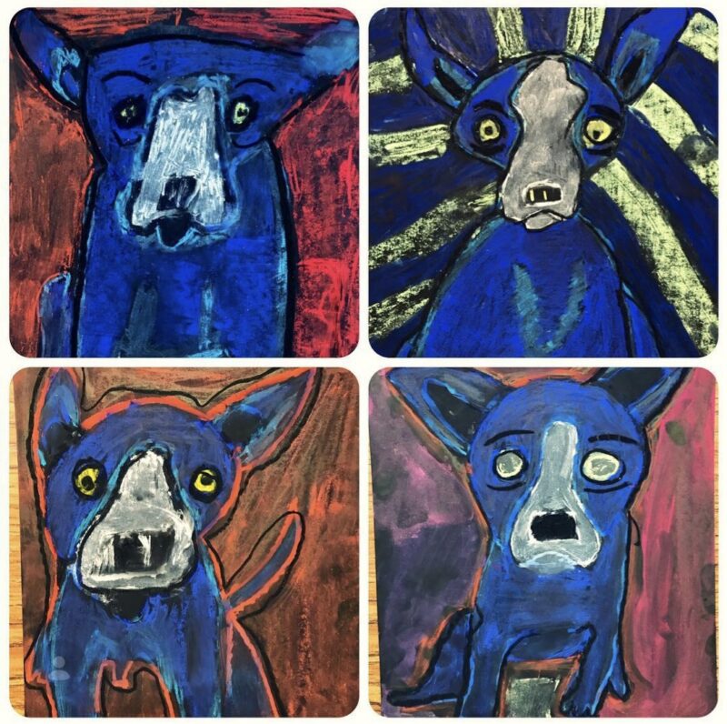 Collection of 3rd grade paintings of blue dogs