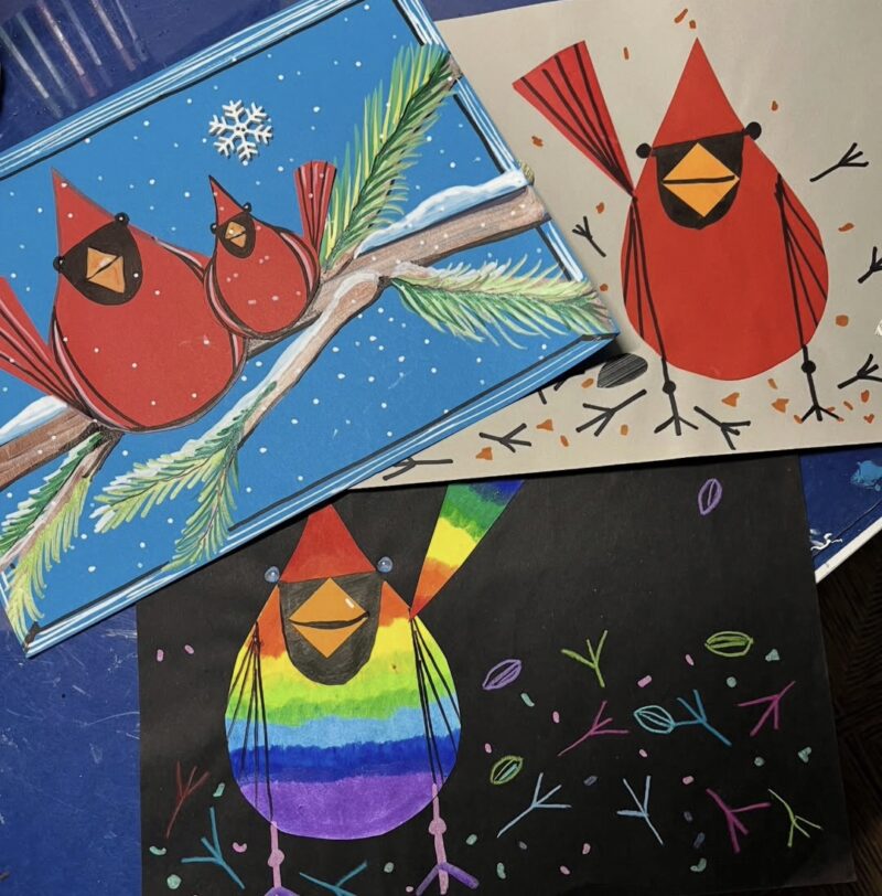 Charley Harper Inspired Cardinals painted by third graders