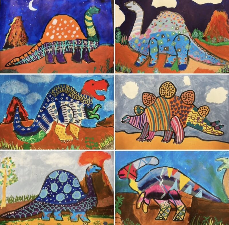 Colorfully patterned dinosaurs painted by 3rd grade art students
