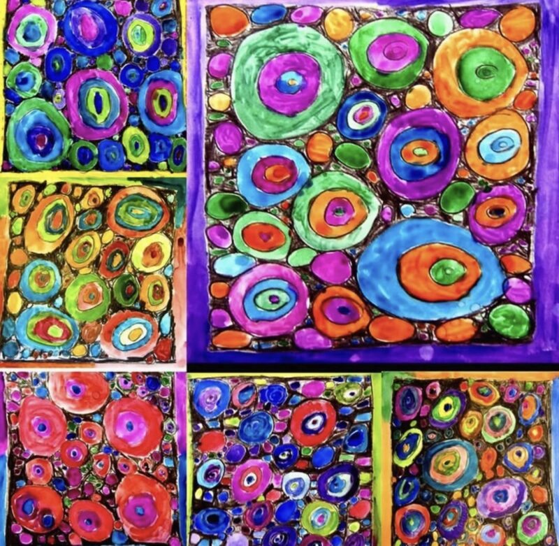 Colorful circle compositions created in 3rd grade art class