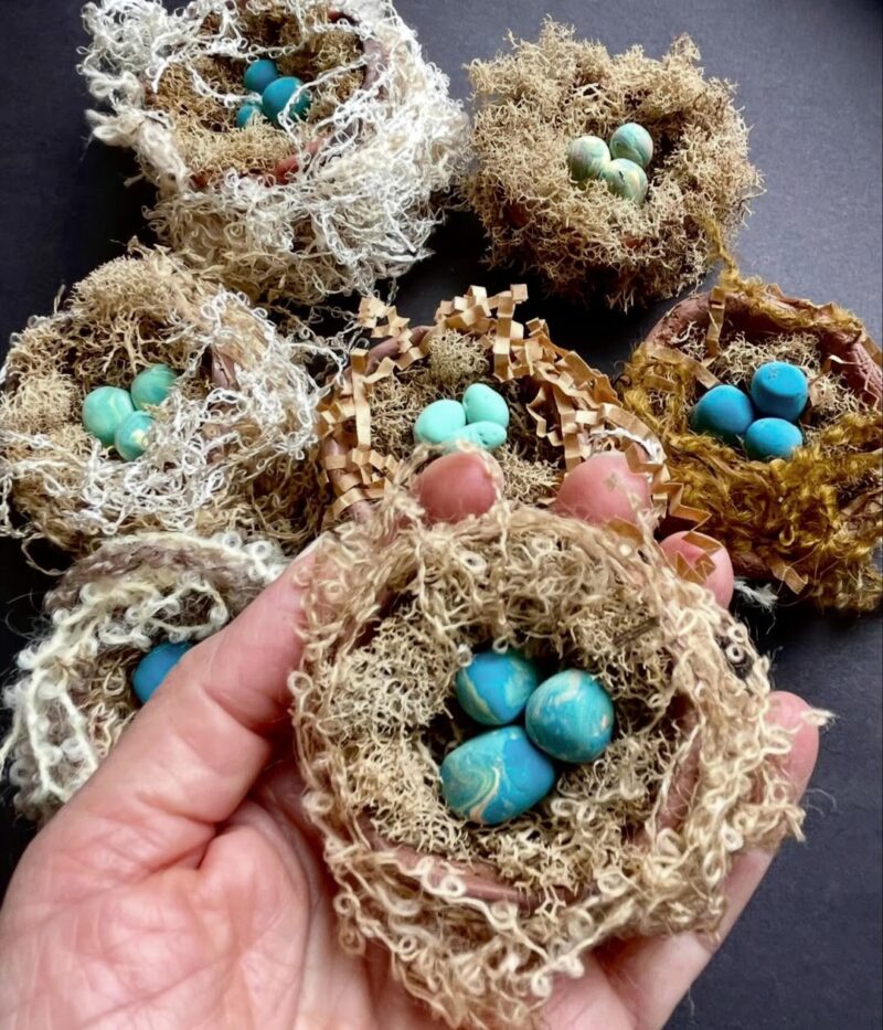 Mixed media bird nests made by third grade artists
