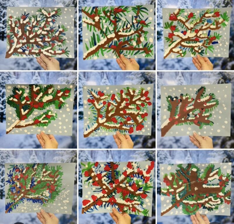 Paintings of wintry pine branches