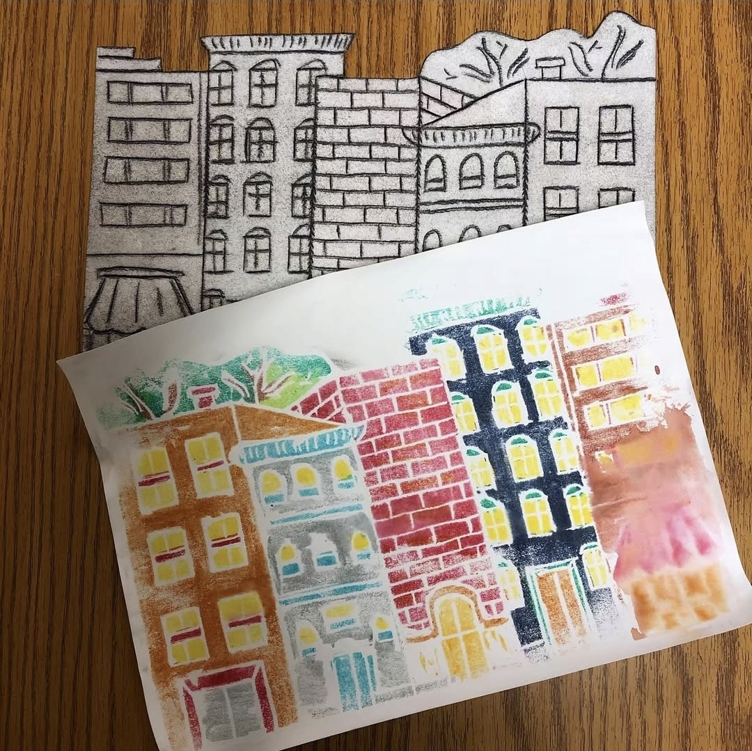 City skyline made using printing plates and watercolor markers