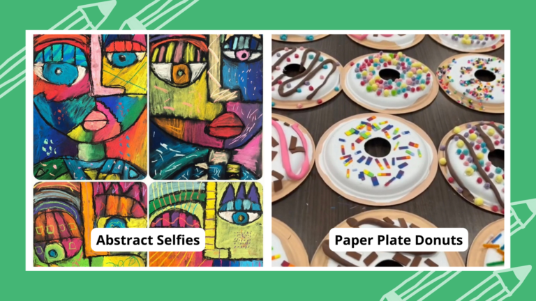 Collage of 3rd grade art projects, including abstract selfies and paper plate donuts