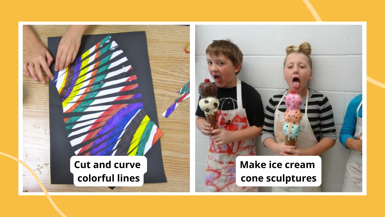 Examples of the best third grade art projects including folding and curving colorful lines and two kids wearing aprons pretending to eat paper mache ice cream cones.