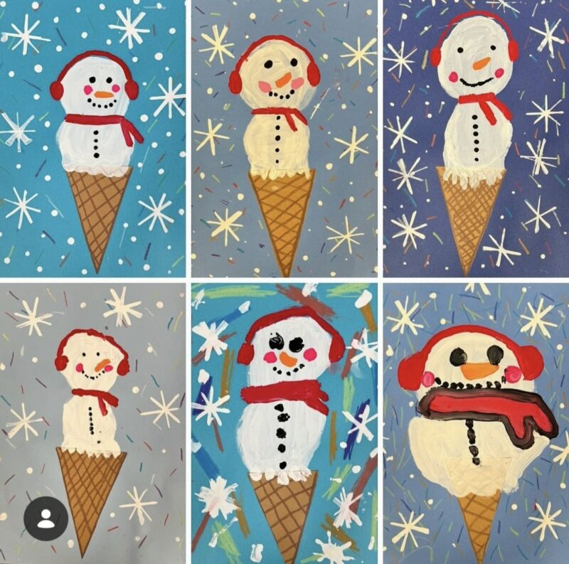 Snowmen painted on ice cream cones by 3rd grade art students