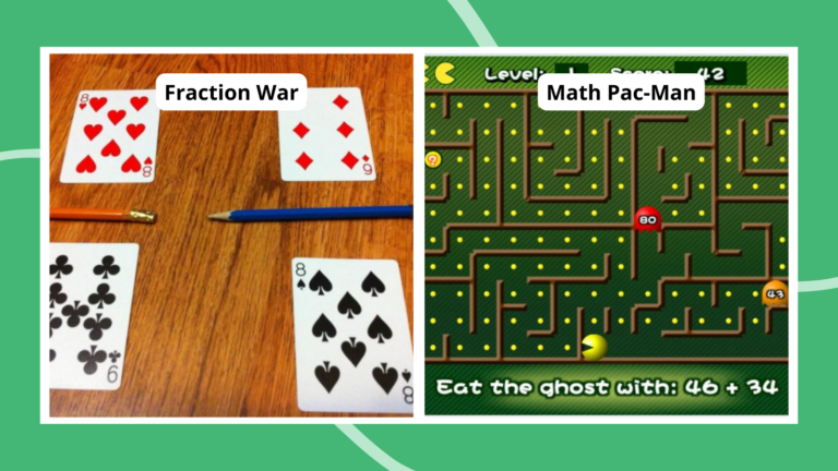 Collage of 3rd grade math games including fraction war and math Pac-Man