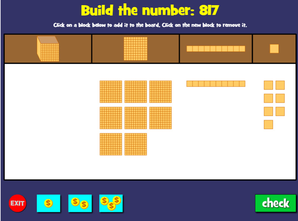 Virtual base 10 blocks showing the number 817 in an online math game