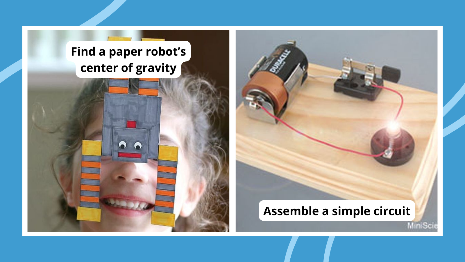 Collage of 3rd grade science projects, including gravity robot and simple circuit