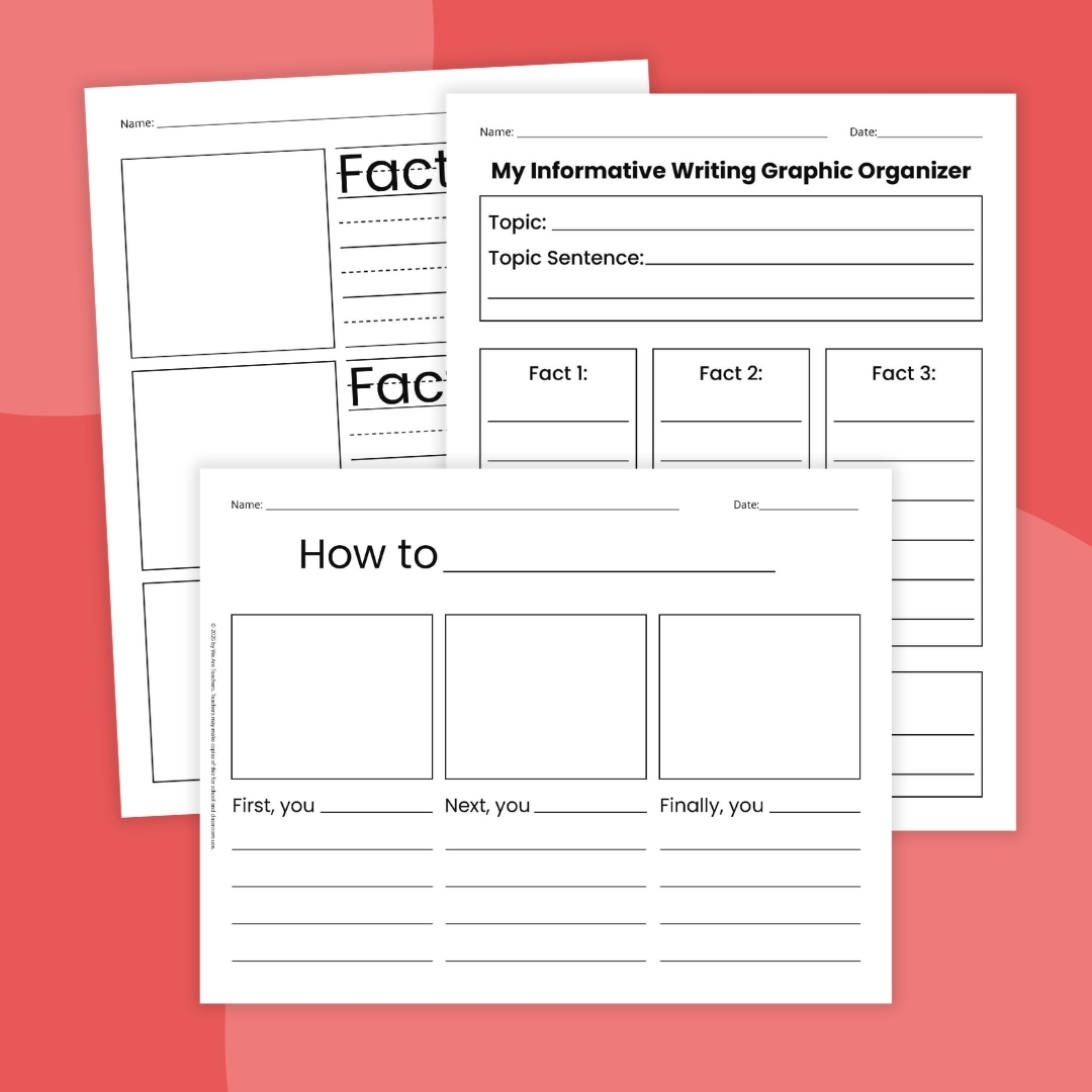 an image of four informational writing graphic organizer printables on top of a red background