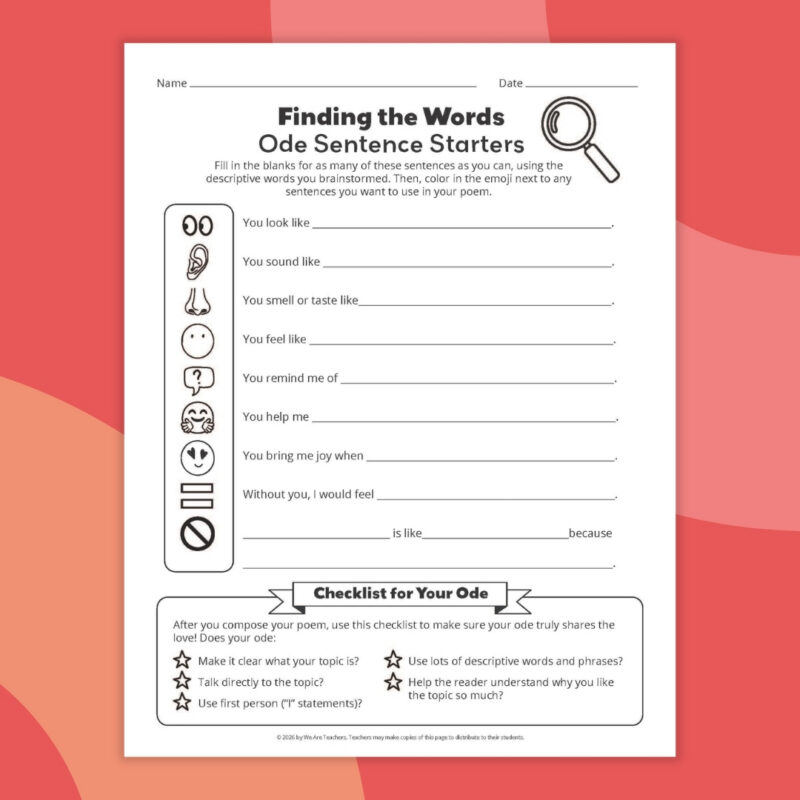 an image of one ode poem template printable worksheet