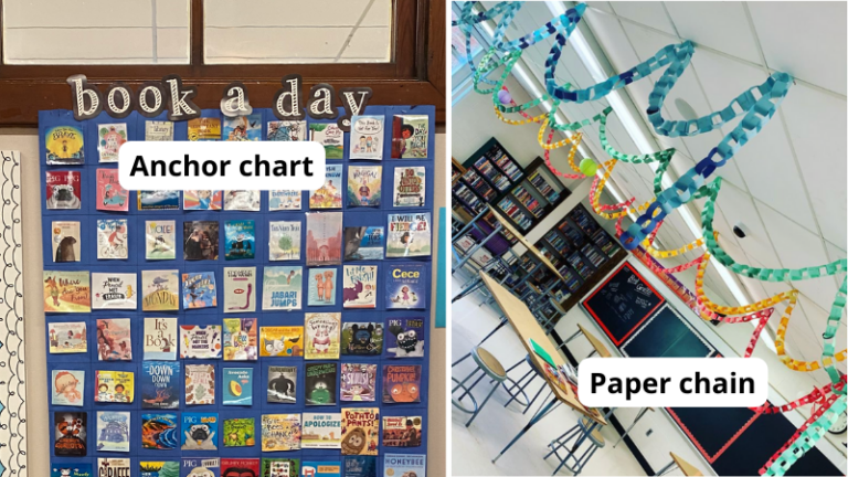 Paired images of examples of ways to keep track of classroom read alouds
