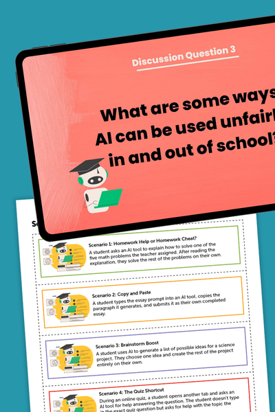 Let Students Create Class AI Rules That Actually Stick (Free Lesson Plan) Images of the Google Slides and scenarios for the Class AI Code of Conduct lesson