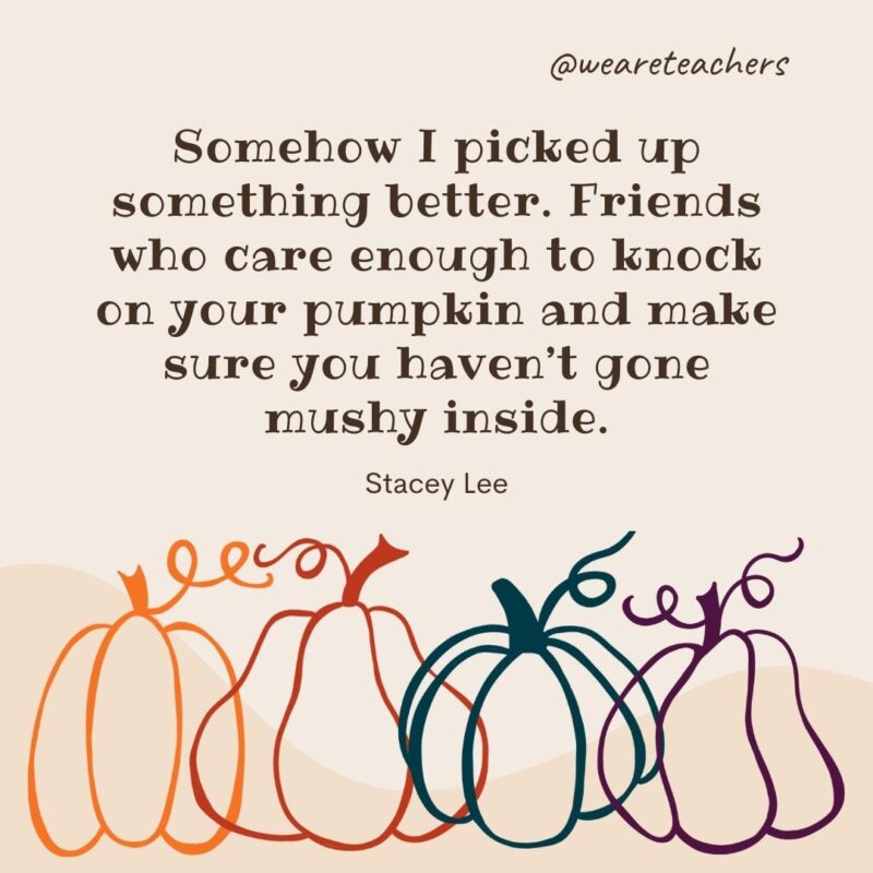Somehow I picked up something better. Friends who care enough to knock on your pumpkin and make sure you haven’t gone mushy inside. —Stacey Lee- fall quotes