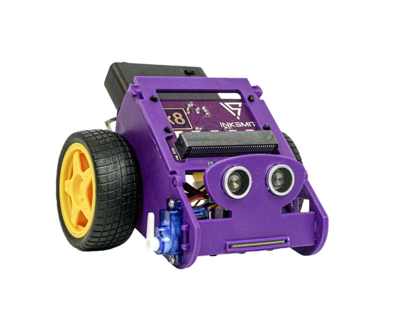 A purple plastic rolling robot with yellow wheels