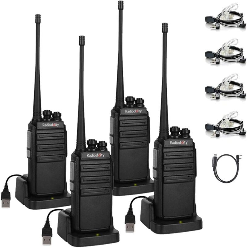 The best walkie talkies can include multi packs like these 4 walkie talkies that are shown. They are tall and black with small charging cords.