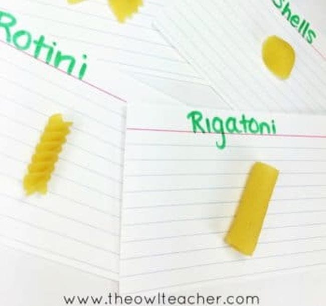 Index cards with various pasta types glued to them, including rotini, rigatoni, and shells