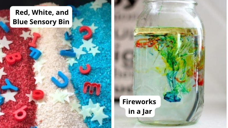 Fourth of July activities and crafts including red, white and blue sensory bin and fireworks in a jar using water and food coloring