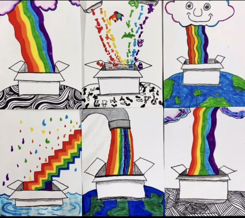 Black and white sketches of boxes with rainbows erupting from them
