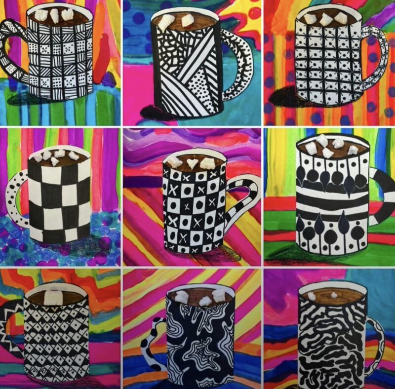 Pop art coffee mugs against colorful backgrounds, drawn by 4th grade art students