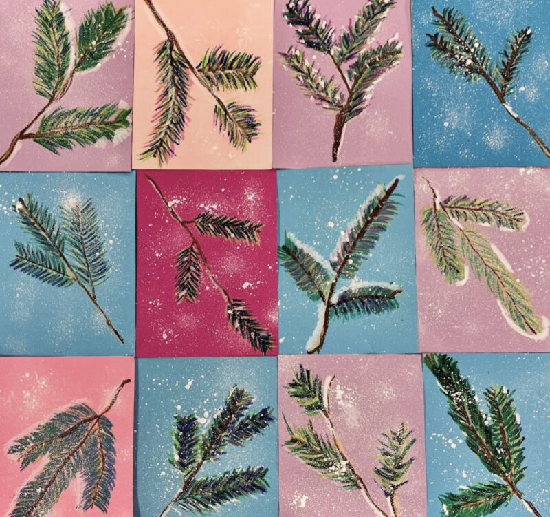 Paintings of snow-covered pine branches against pink and blue backgrounds
