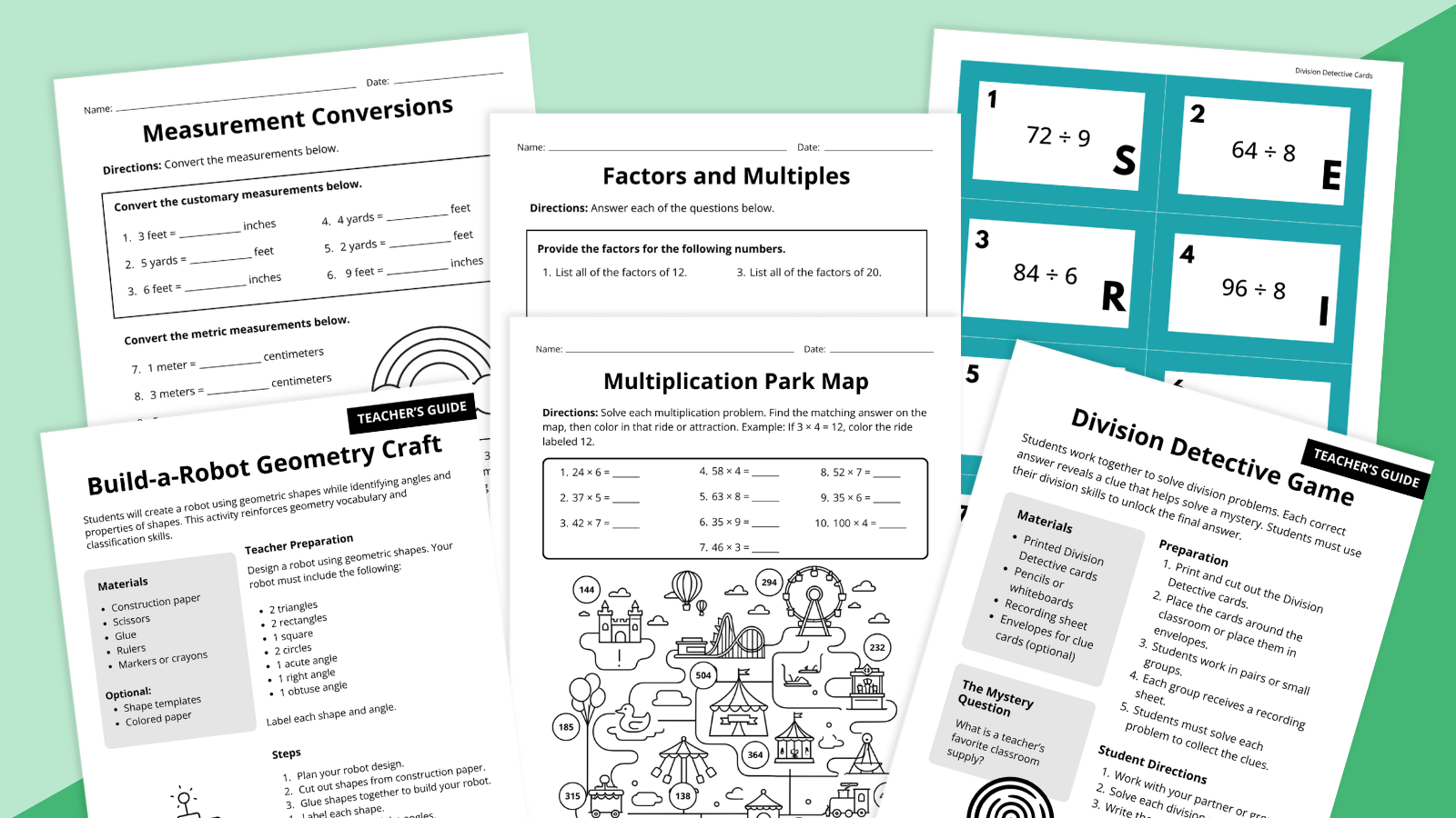 Images from the 4th Grade End-of-Year Math Review Worksheet & Activity Bundle.