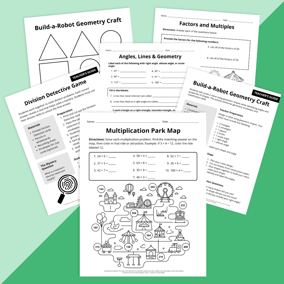 Images of a selection of worksheets and activities for 4th grade end-of-year math review.