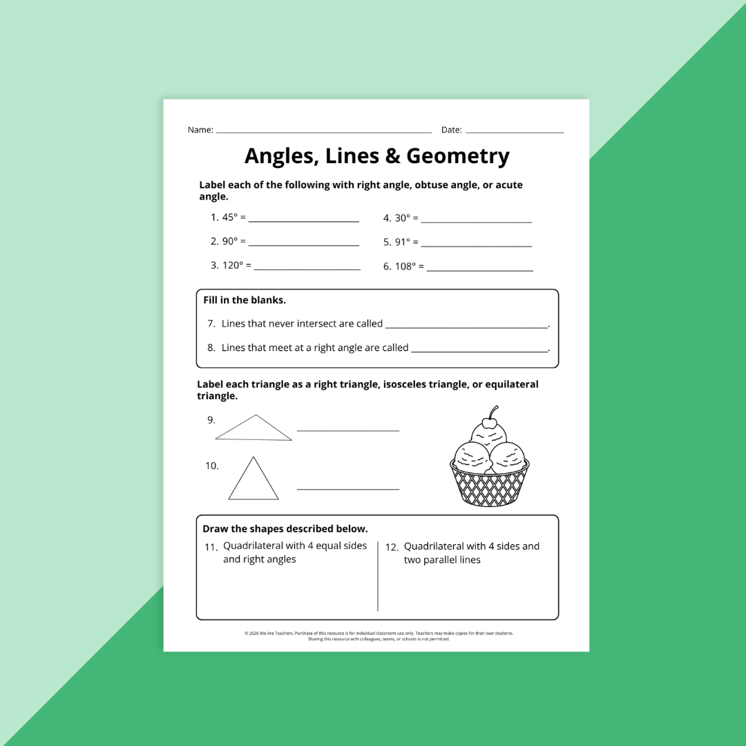 Image of a worksheet reviewing angles, lines, and geometry from the 4th Grade End-of-Year Math Review Worksheet & Activity Bundle.
