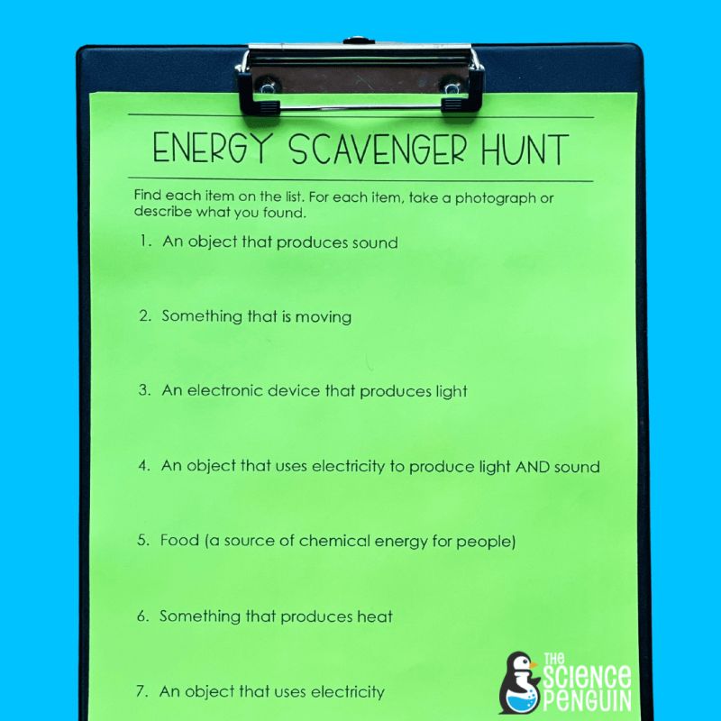 A printable energy scavenger hunt on bright green paper against a blue background
