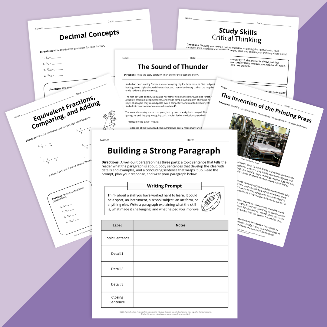 Image of a variety of worksheets from the Moving Up Worksheet and Activity Bundle: 4th Grade.