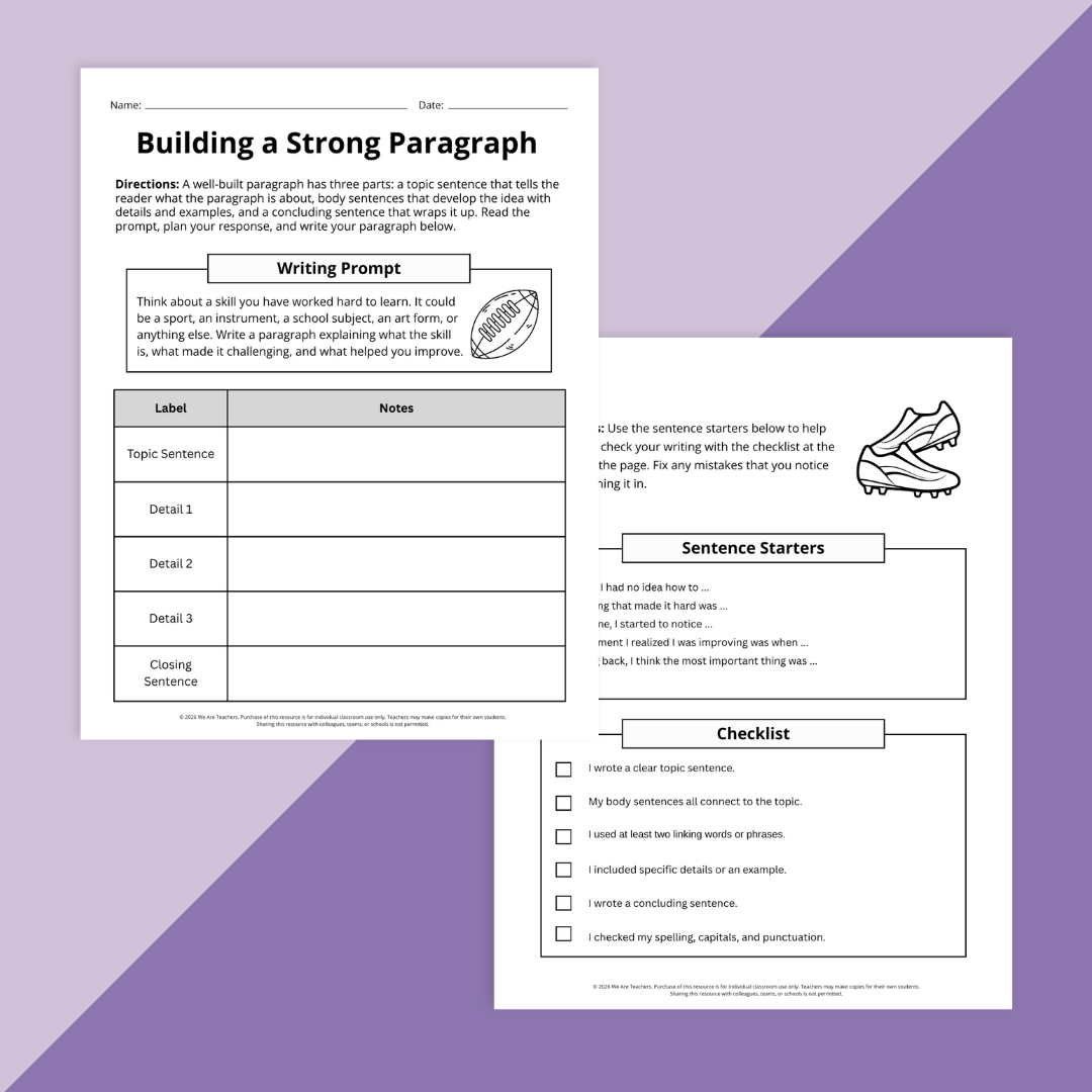 Two images of worksheets on building a strong paragraph.
