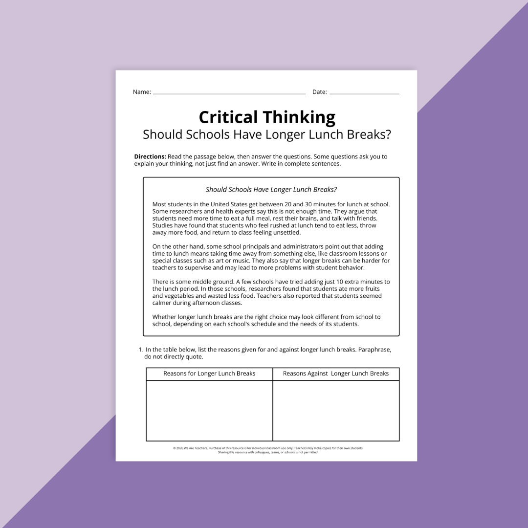Image of a critical thinking worksheet from the Moving Up Worksheet and Activity Bundle: 4th Grade.