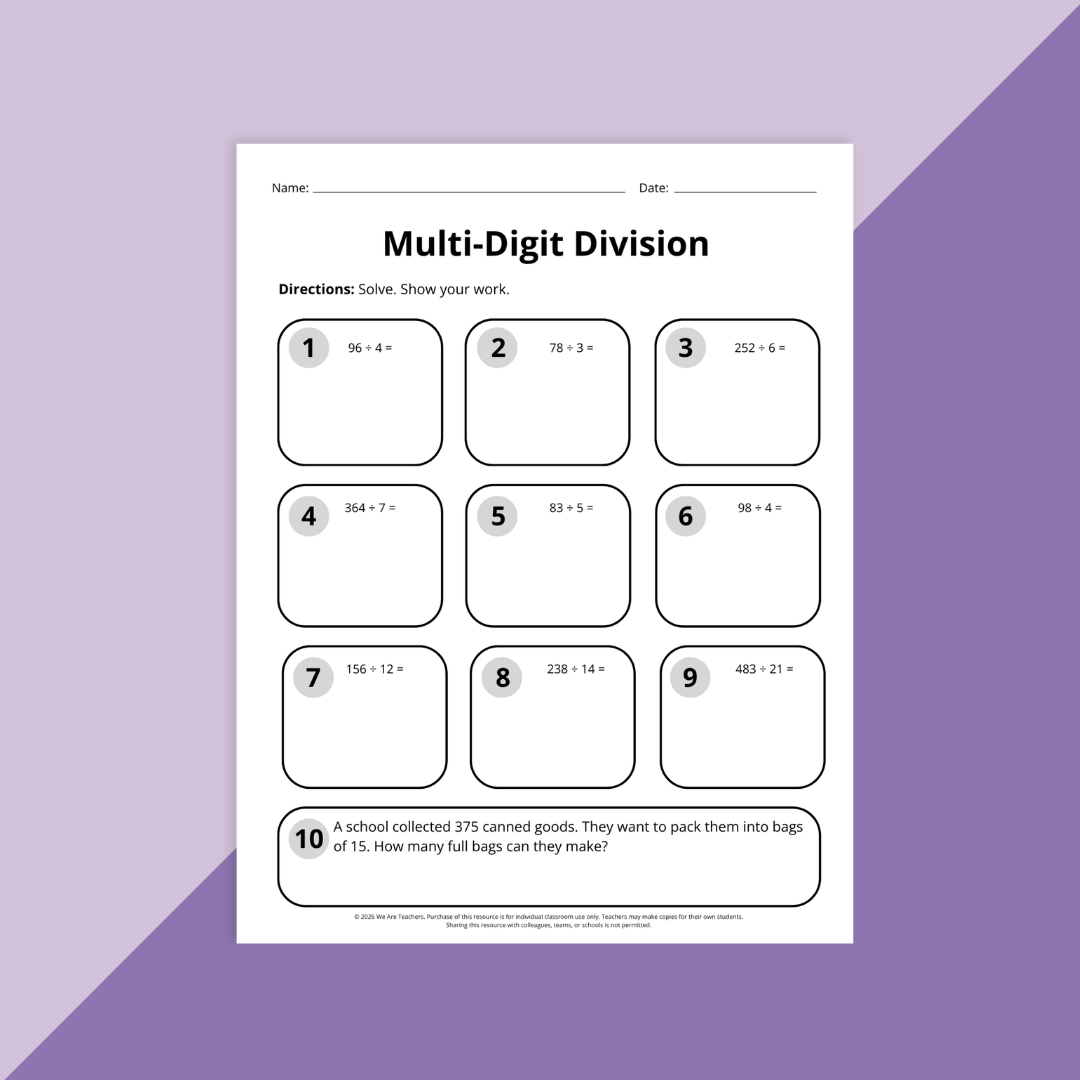 Image of a multi-digit division worksheet for 4th graders.