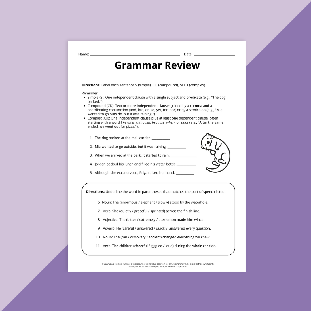 Image of a grammar review worksheet in the Moving Up Worksheet and Activity Bundle: 4th Grade.