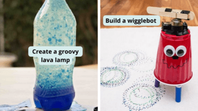 4th grade science projects including creating a groovy blue lava lamp out of a water bottle and building a wigglebot out of a red plastic cup.
