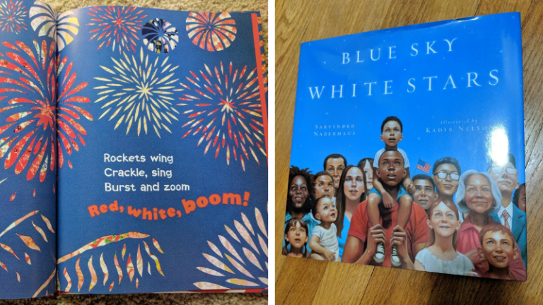 Book Blue Sky White Stars on table and interior pages of book with fireworks illustrations and text that says, "Red, White, Boom!"